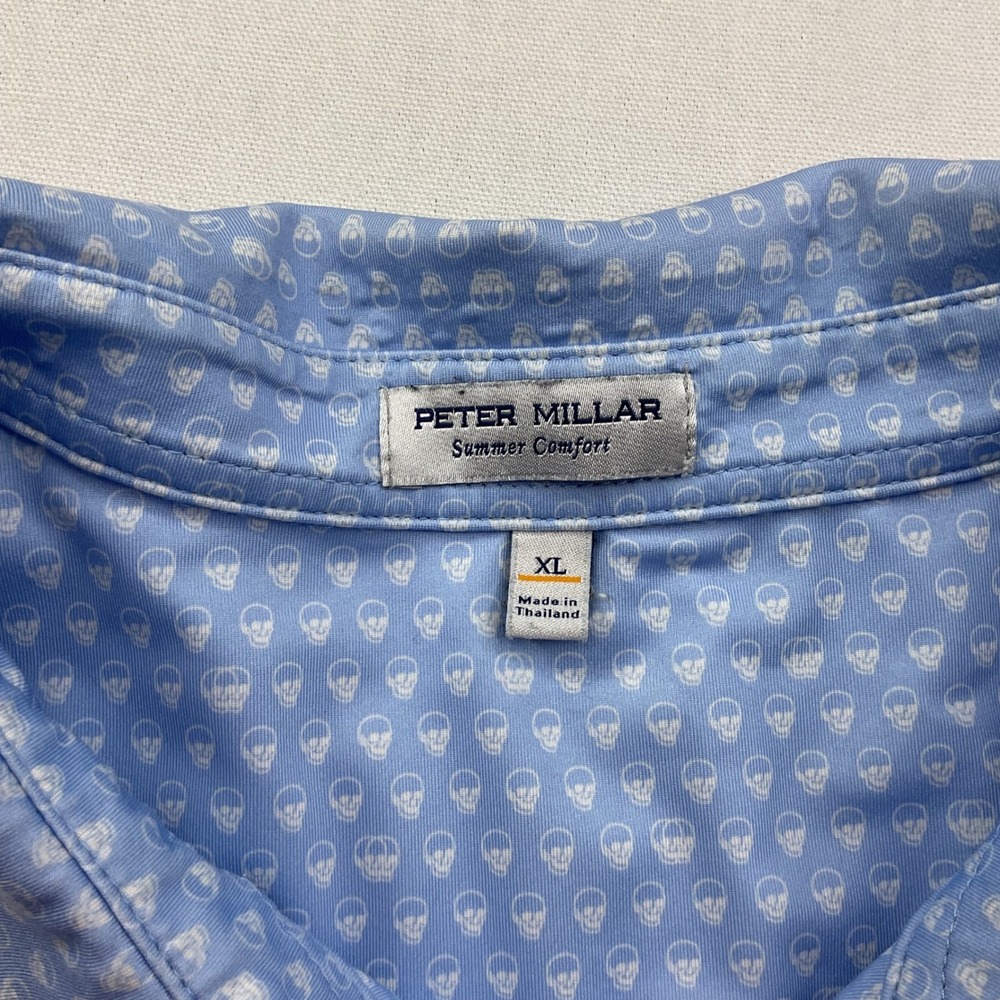 Peter Millar Summer Comfort Mens XL Golf Polo Shirt Blue Skull Print Feather - Picture 7 of 7